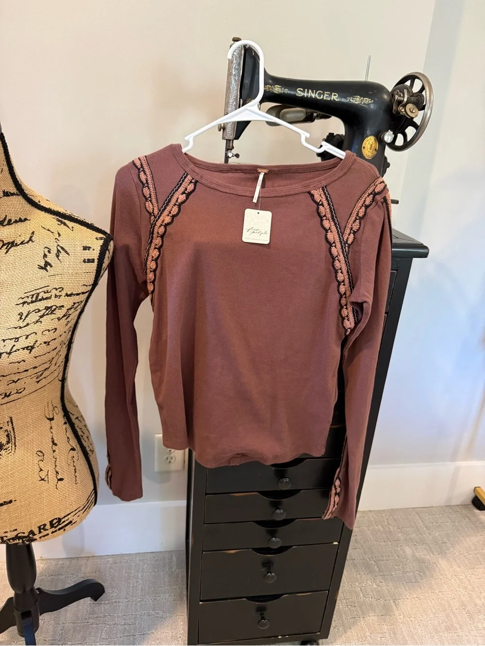 Free People Brown Embellished Long Sleeve Crewneck Top